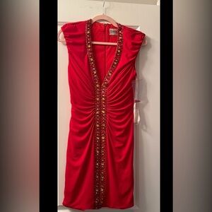 Elegant Red Beaded Short Sleeve Dress with V neckline